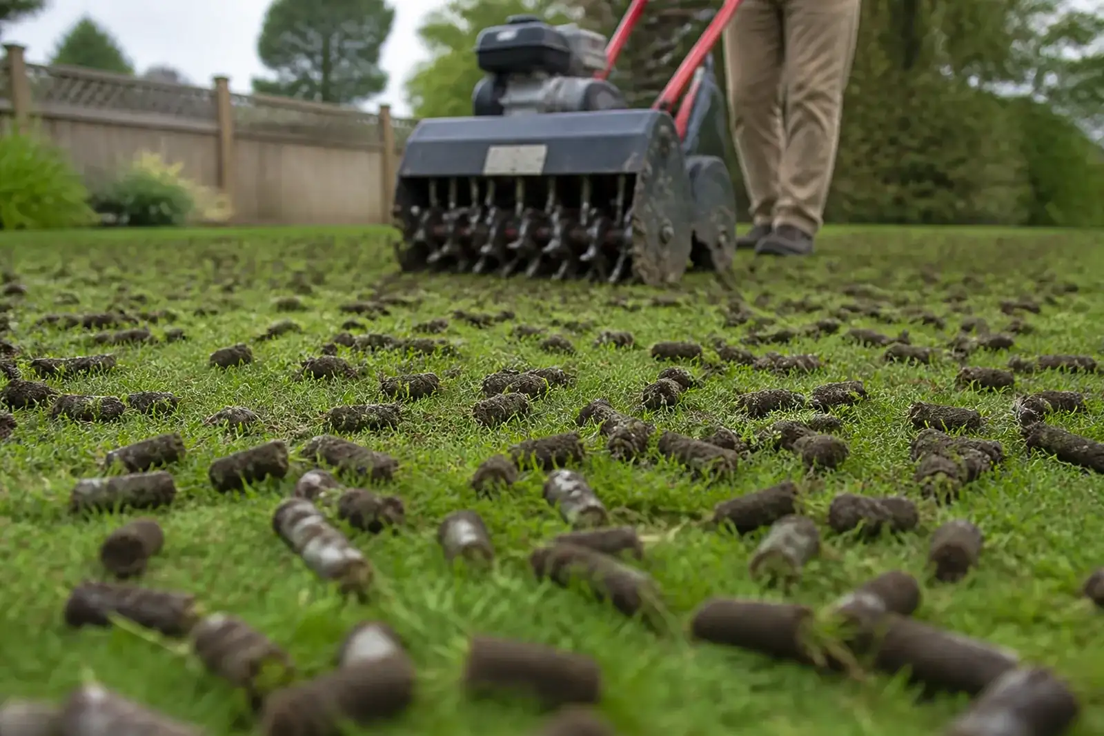 Aeration cores across a lawn behind a core aerator