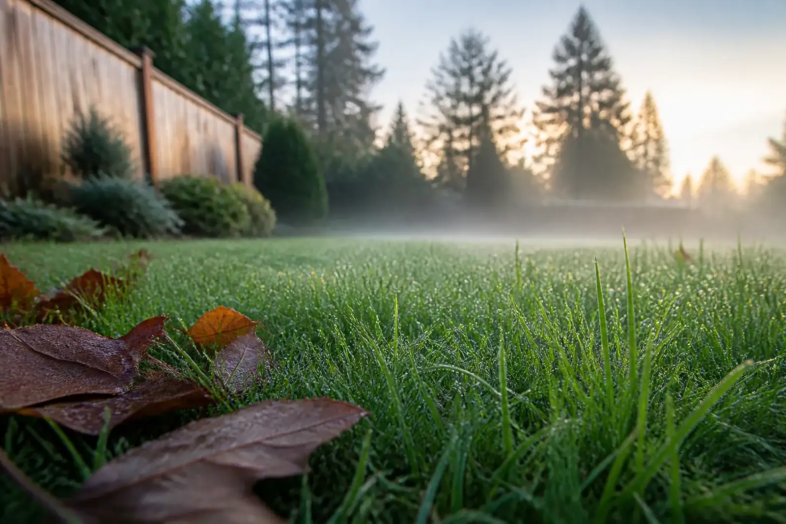 Dew on a healthy Bellingham lawn at dawn