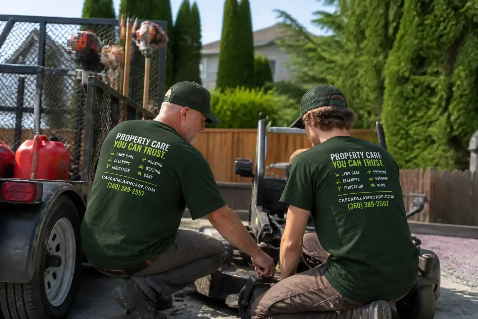 A Cascade Lawn Care crew member showing a new hire how to set a mower deck