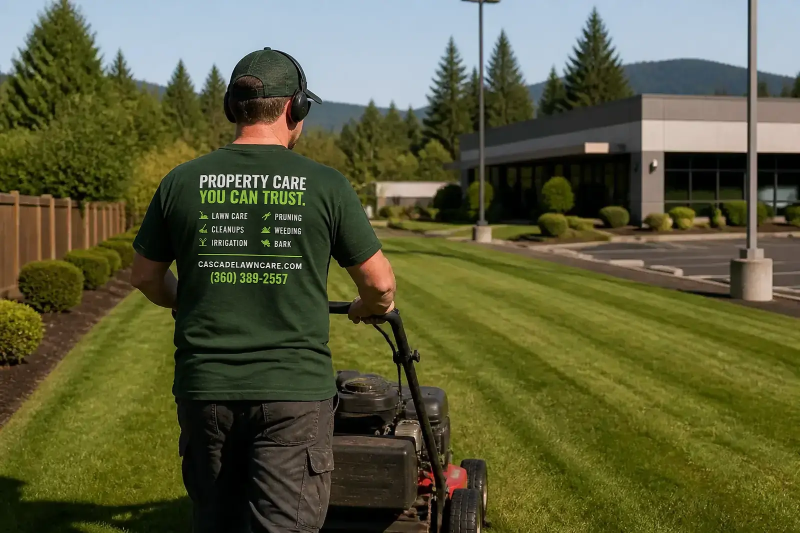 Cascade Lawn Care mowing the grounds of a business park