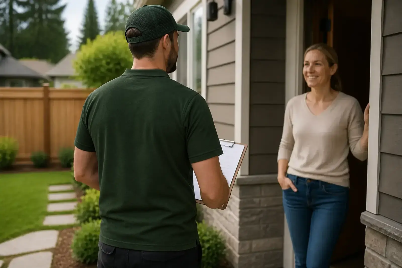 A Cascade Lawn Care crew member talking with a homeowner at their door in Bellingham