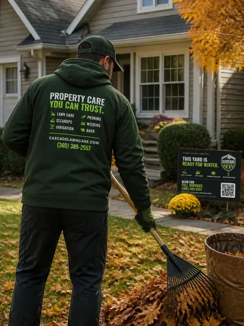 Crew member raking fall leaves on a front lawn