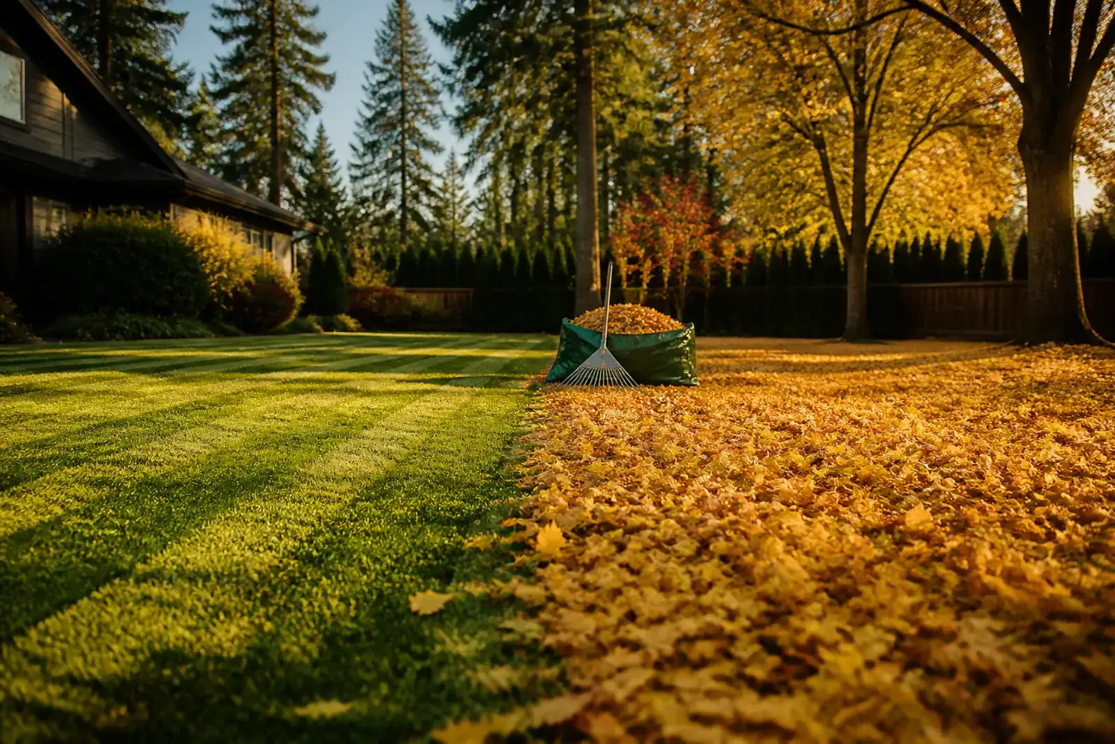 Front yard halfway through a fall leaf cleanup