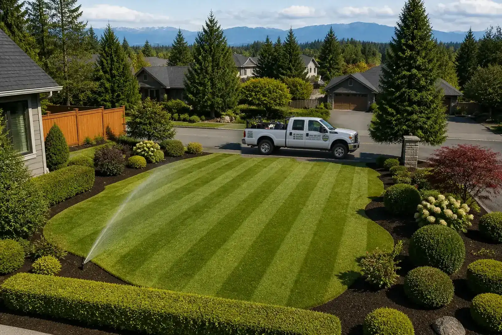 Front yard with a striped lawn, mulched beds, clipped hedges and a sprinkler running, the company truck parked on the street
