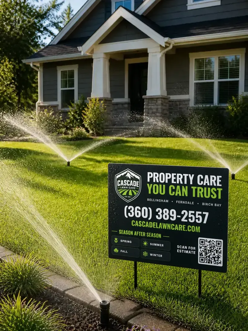 Irrigation running past a Cascade Lawn Care yard sign