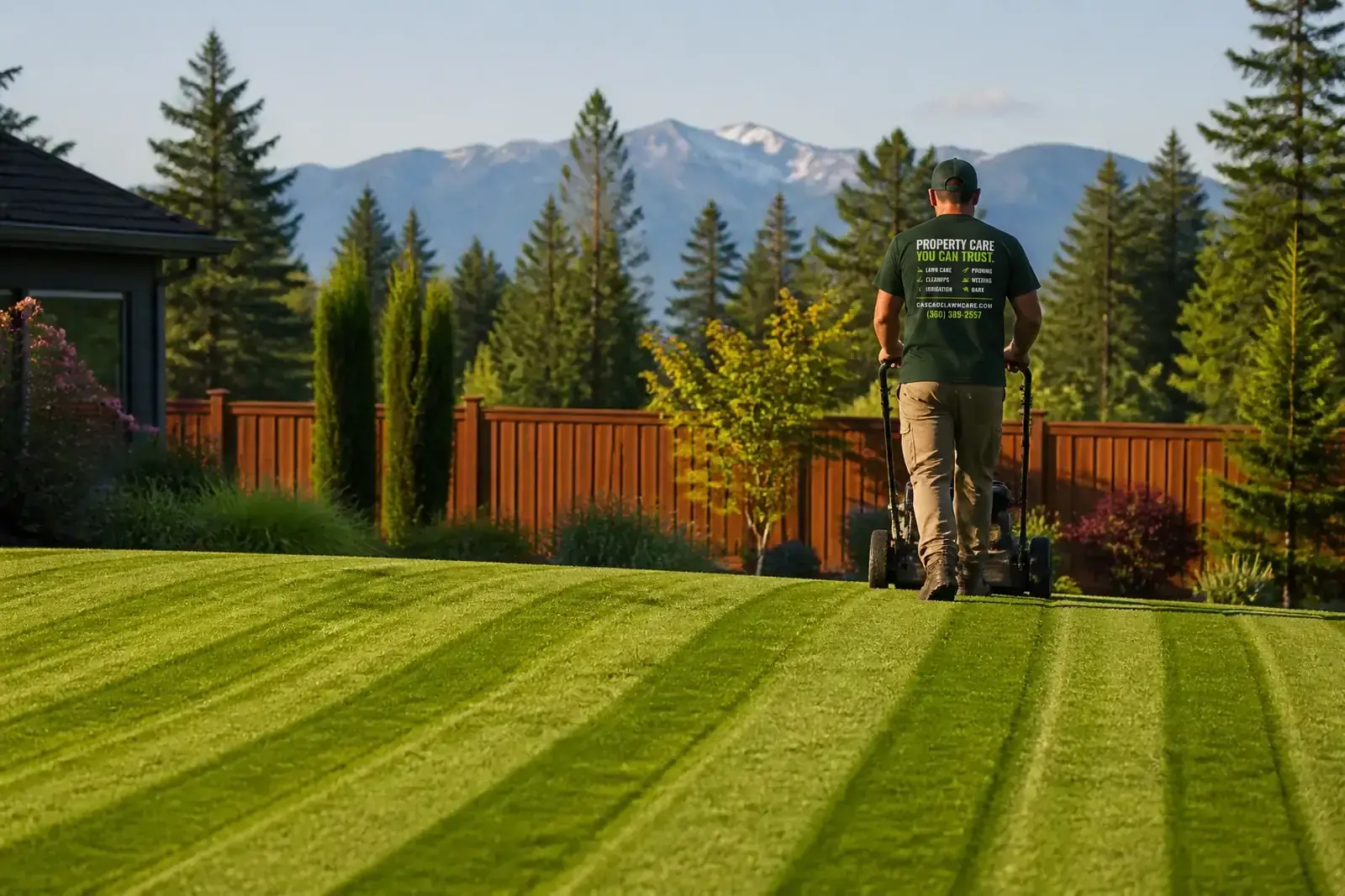 Cascade Lawn Care mowing fresh stripes into a large Bellingham lawn