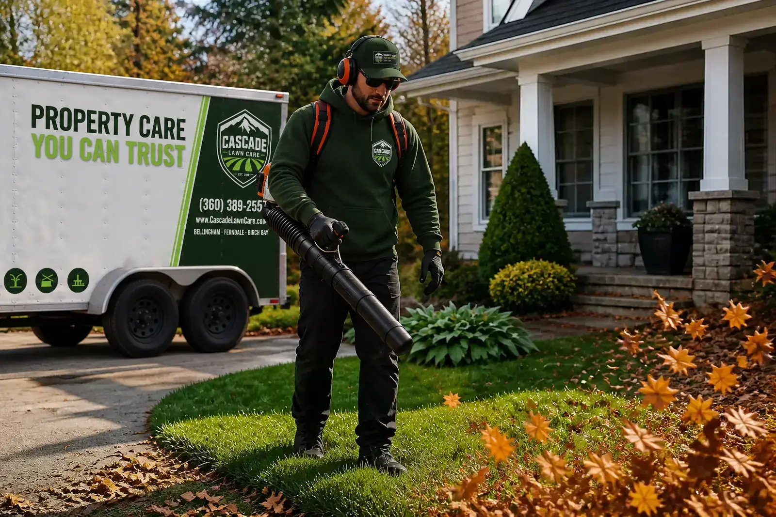A crew member with a backpack blower moving fall leaves off a front lawn, the company trailer behind