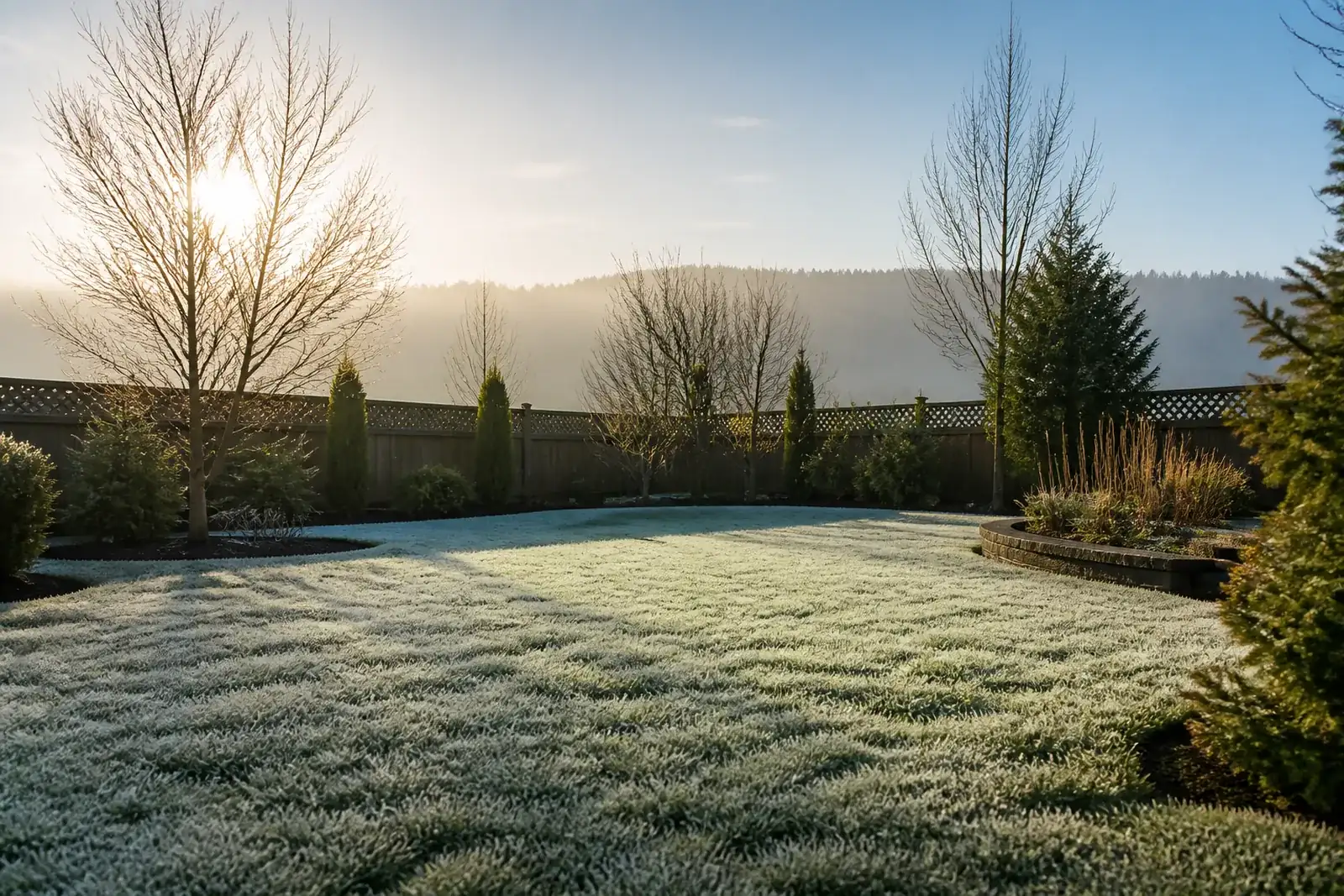 A frosted lawn on a cold winter morning