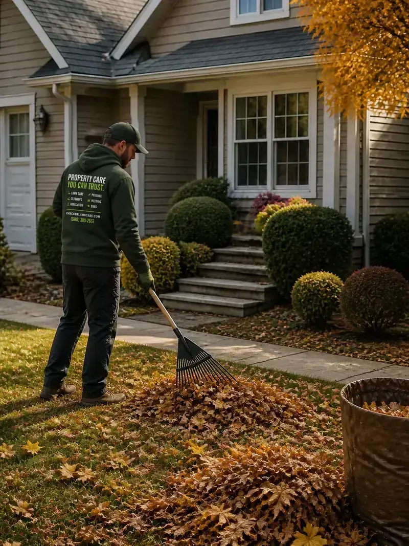 Crew member raking leaves off a lawn