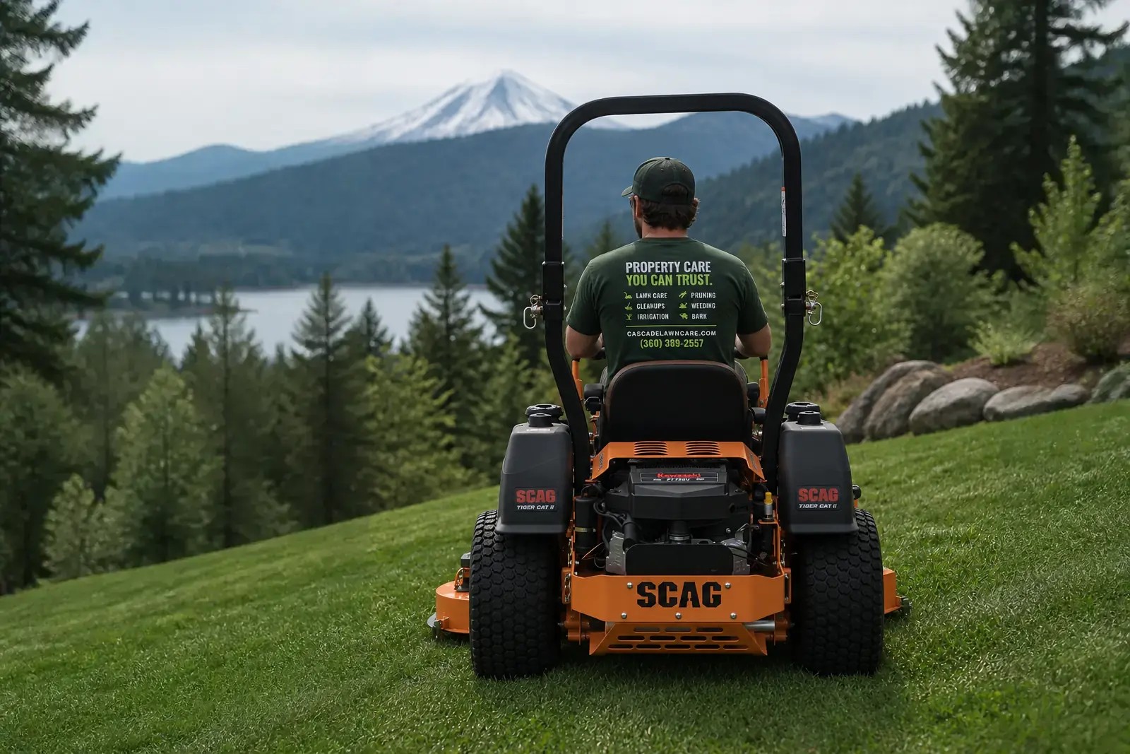 Cascade Lawn Care crew mowing stripes with the Cascades behind