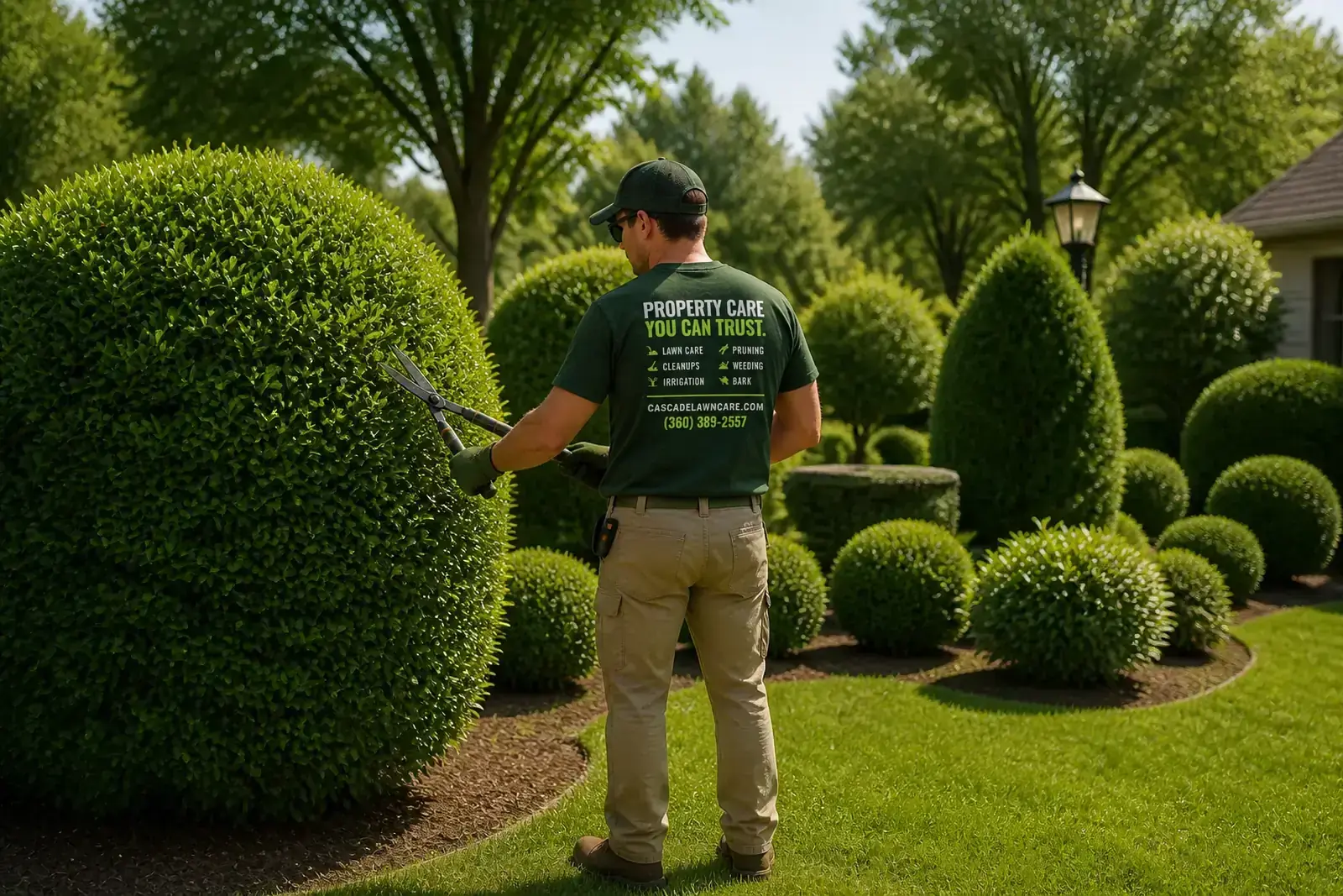 Cascade Lawn Care crew shaping shrubs in a Bellingham garden
