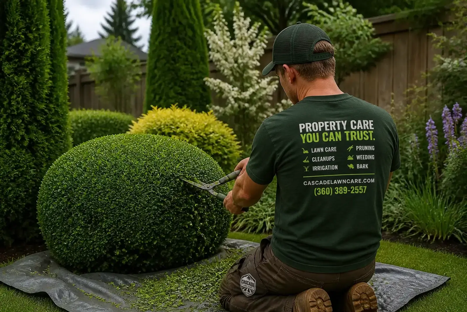 A Cascade Lawn Care crew member shaping a boxwood with hand pruners