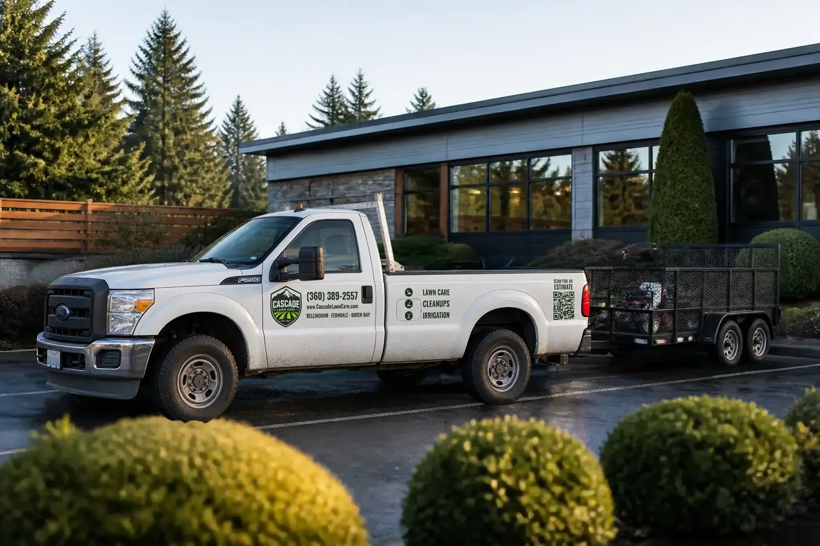 The Cascade Lawn Care truck at a Bellingham business park