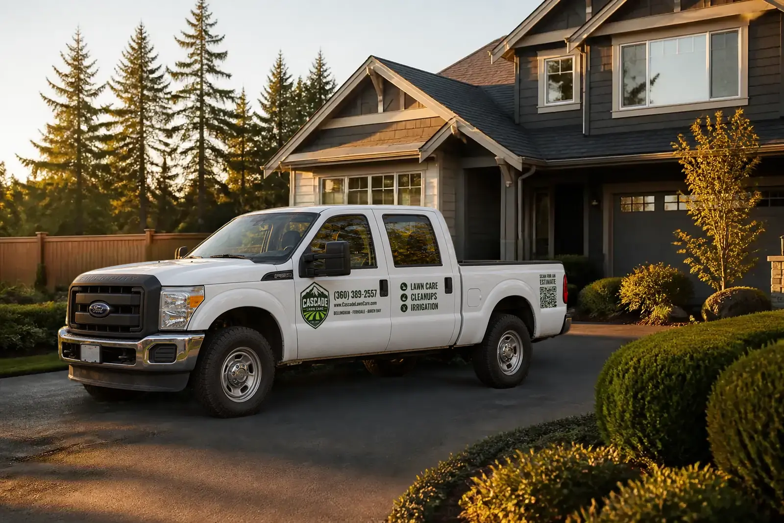 The Cascade Lawn Care truck on the driveway of a Bellingham home