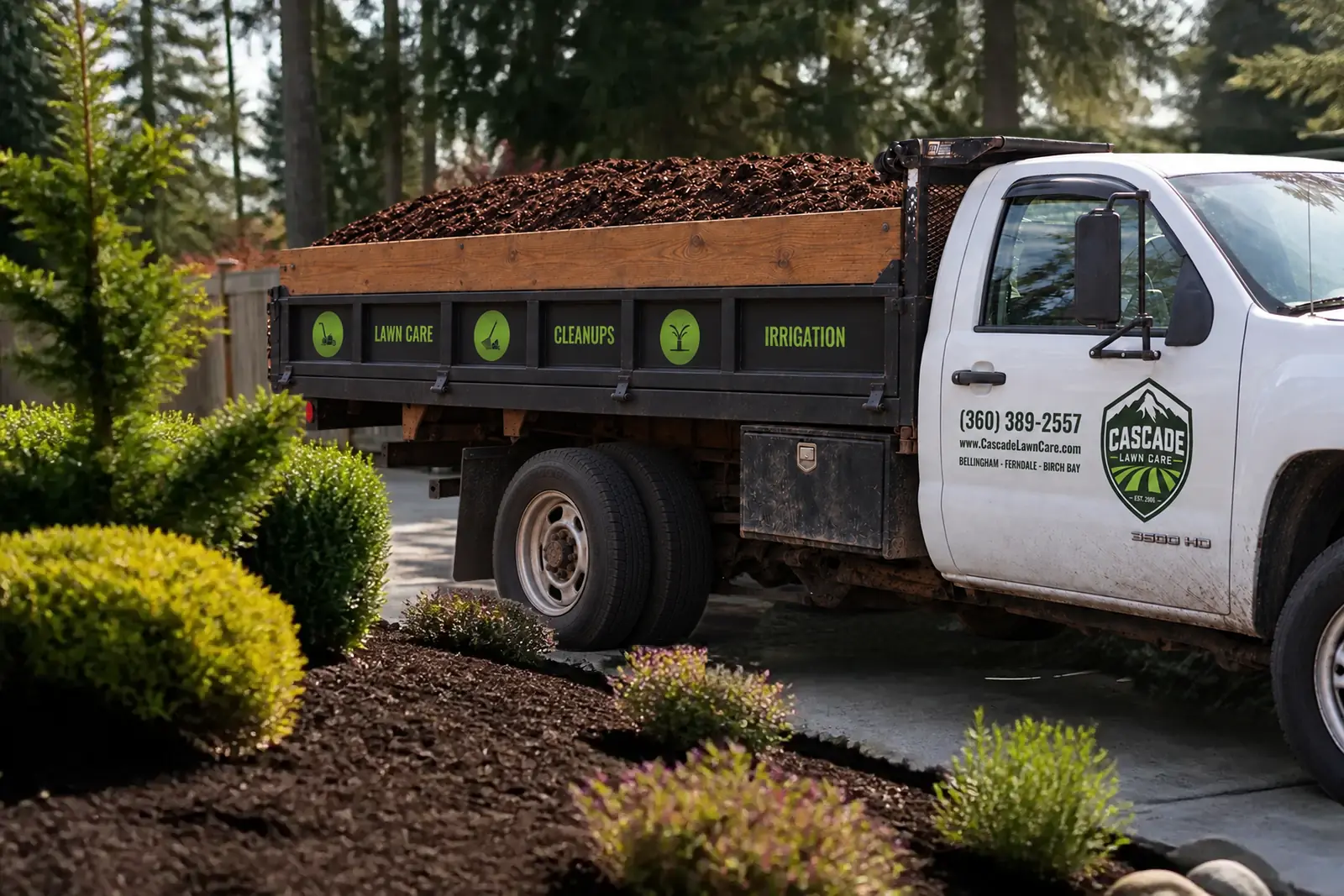 Company truck loaded with bark mulch beside freshly mulched beds