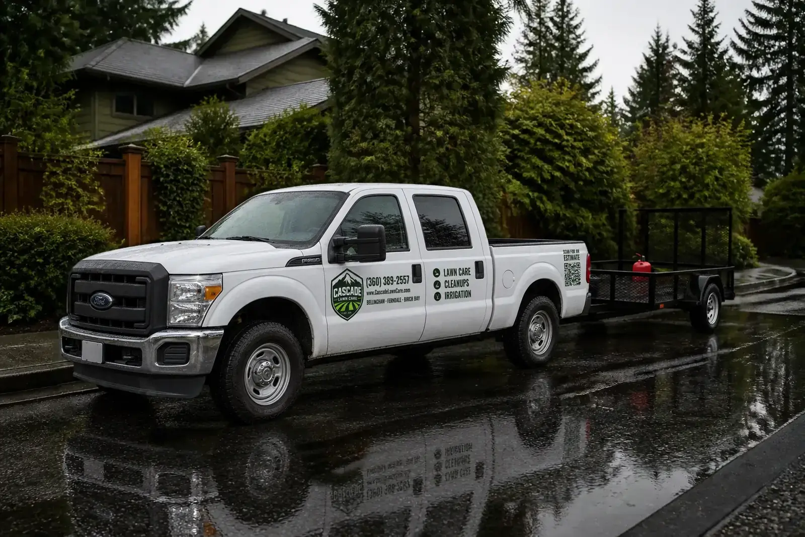 The Cascade Lawn Care truck on a wet Bellingham street after rain