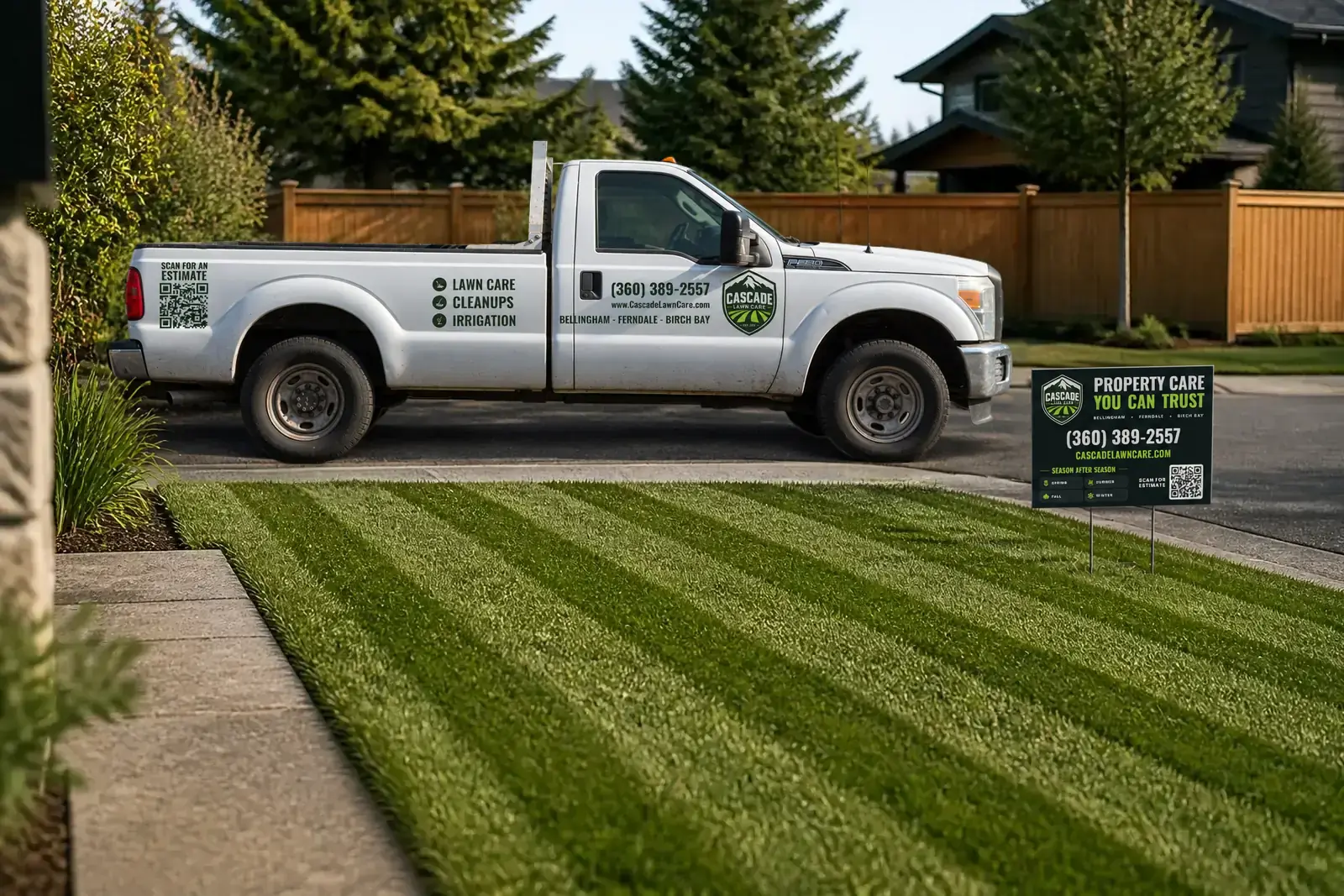 The Cascade Lawn Care truck and yard sign at a finished Bellingham lawn