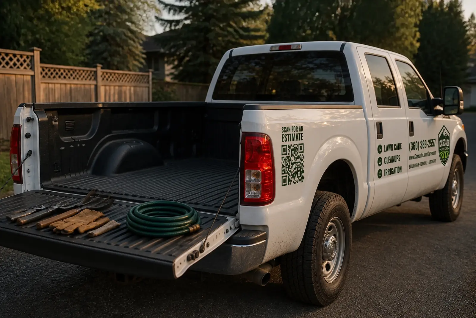 Tools laid out on the tailgate of the Cascade Lawn Care truck