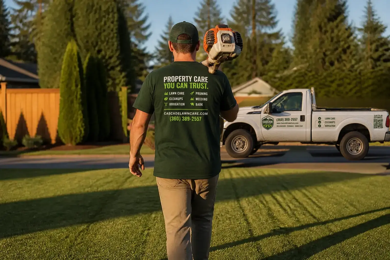 Crew member walking back to the company truck at the end of a job