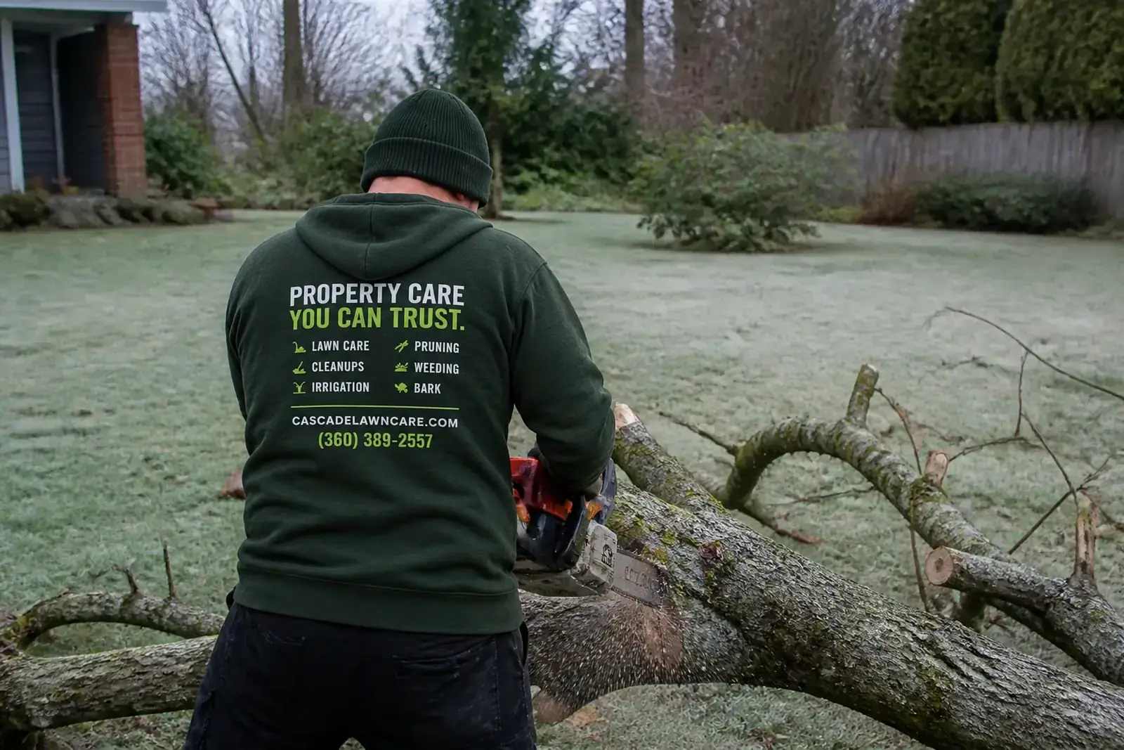 Crew member cutting up a fallen tree limb on a frosted lawn