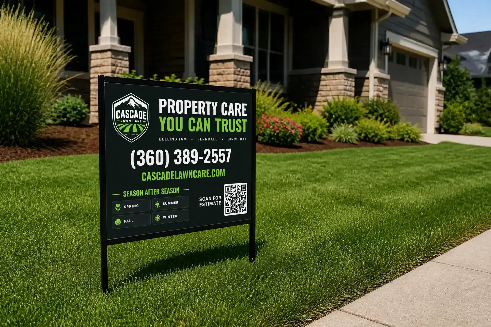 Cascade Lawn Care sign on a freshly sodded Bellingham front yard