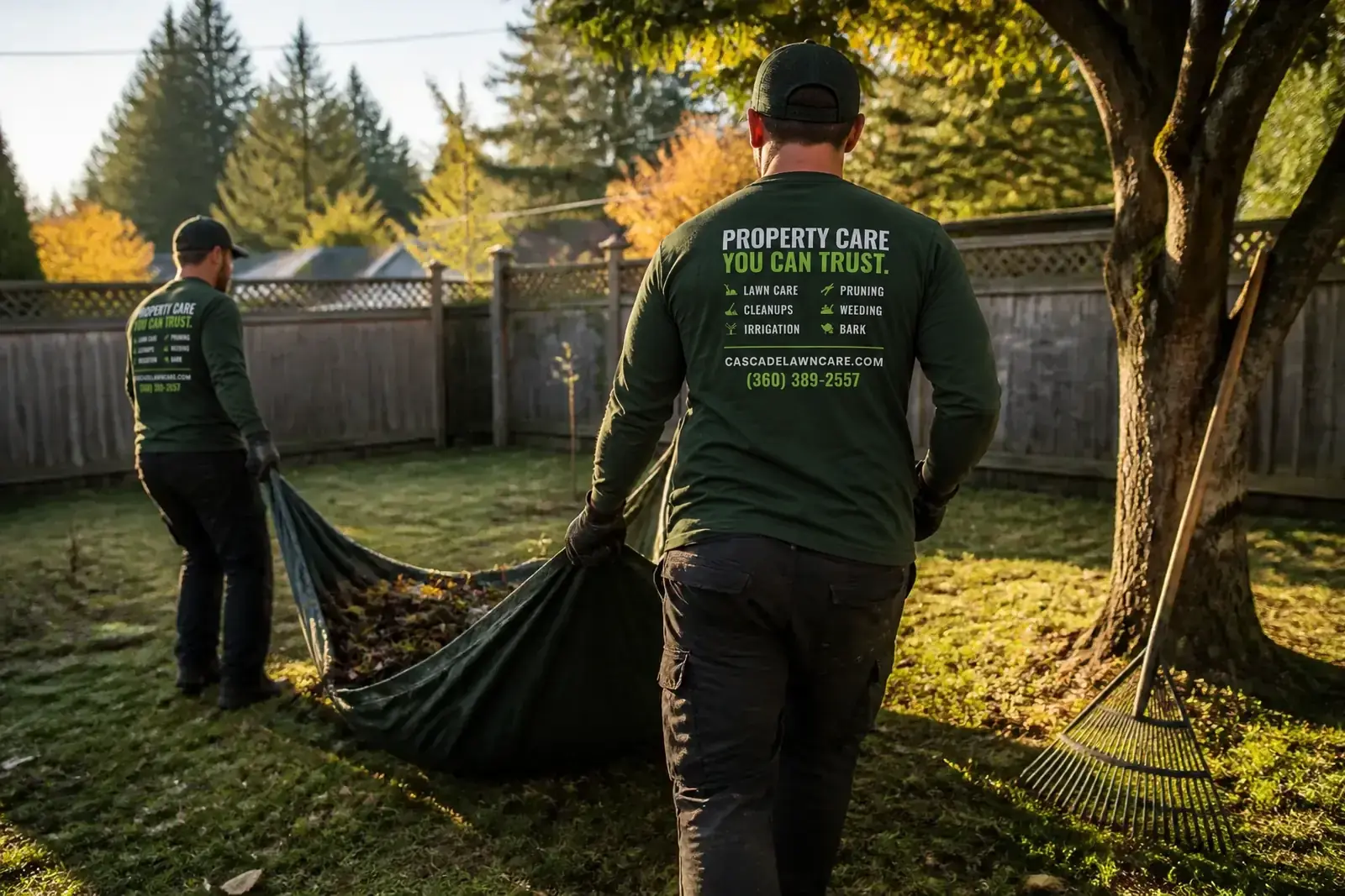 Crew member dragging a loaded debris tarp off a cleared lawn